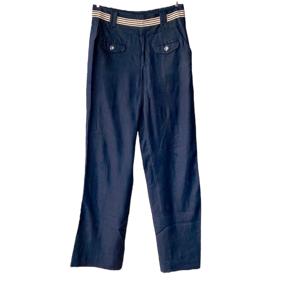Anthropologie Elevenses Navy Blue Linen Sailor Straight Leg Trousers Pants Sz 4